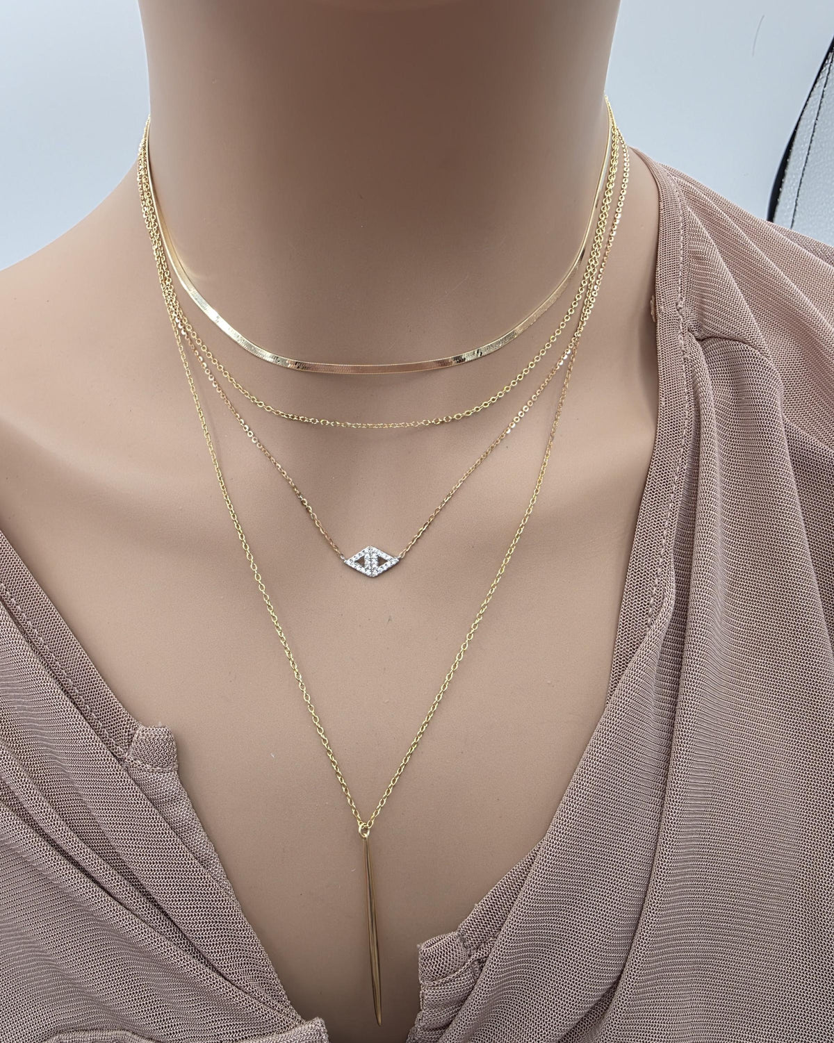 Gold Vermeil Layered Necklace Set, 3 Piece Gold Necklace Stack, Long Pendant Necklace, Crystal Necklace, Herringbone Choker
