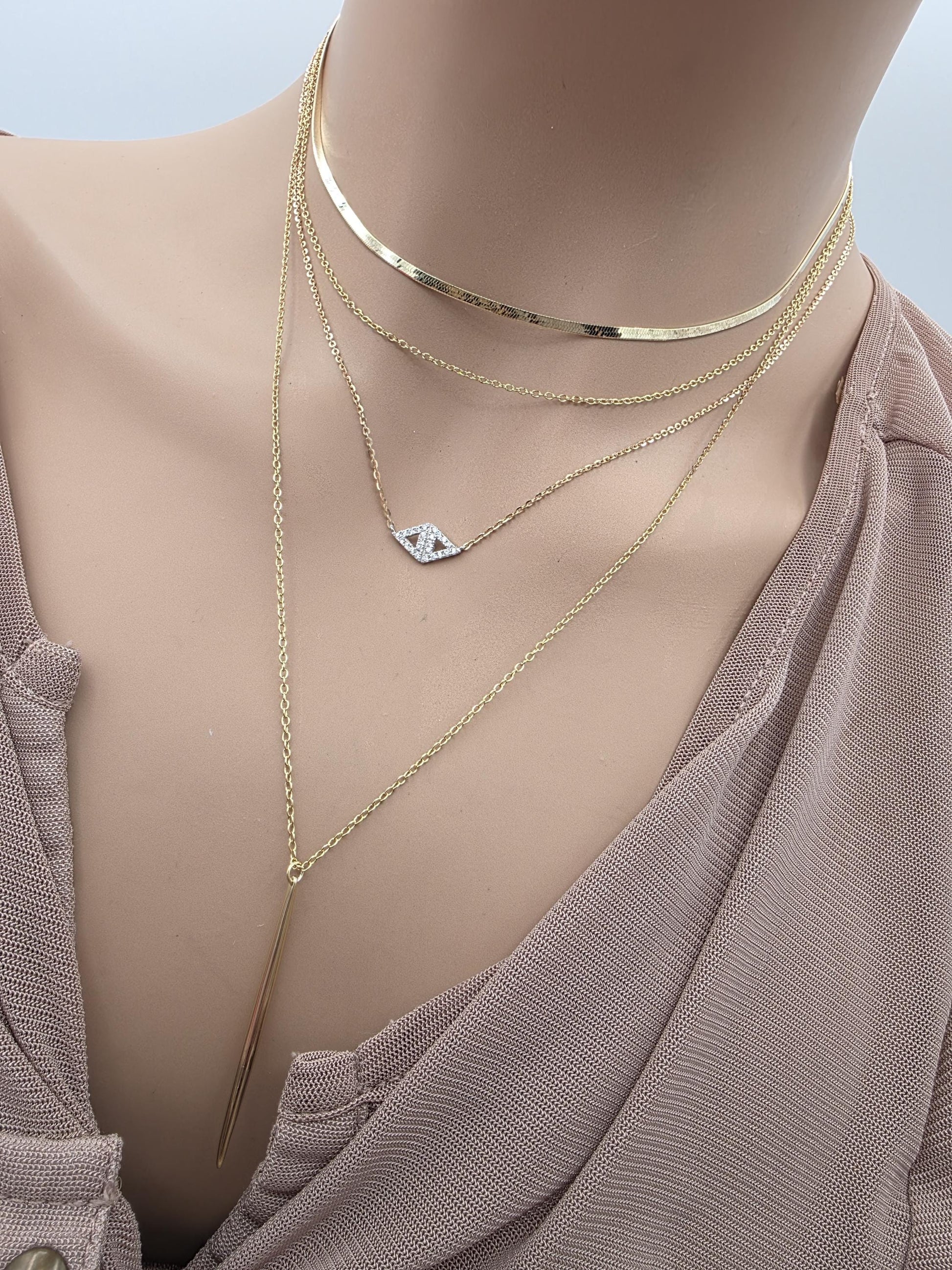 Gold Vermeil Layered Necklace Set, 3 Piece Gold Necklace Stack, Long Pendant Necklace, Crystal Necklace, Herringbone Choker