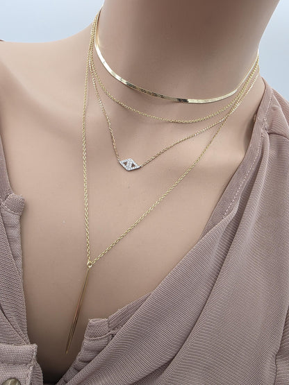 Gold Vermeil Layered Necklace Set, 3 Piece Gold Necklace Stack, Long Pendant Necklace, Crystal Necklace, Herringbone Choker