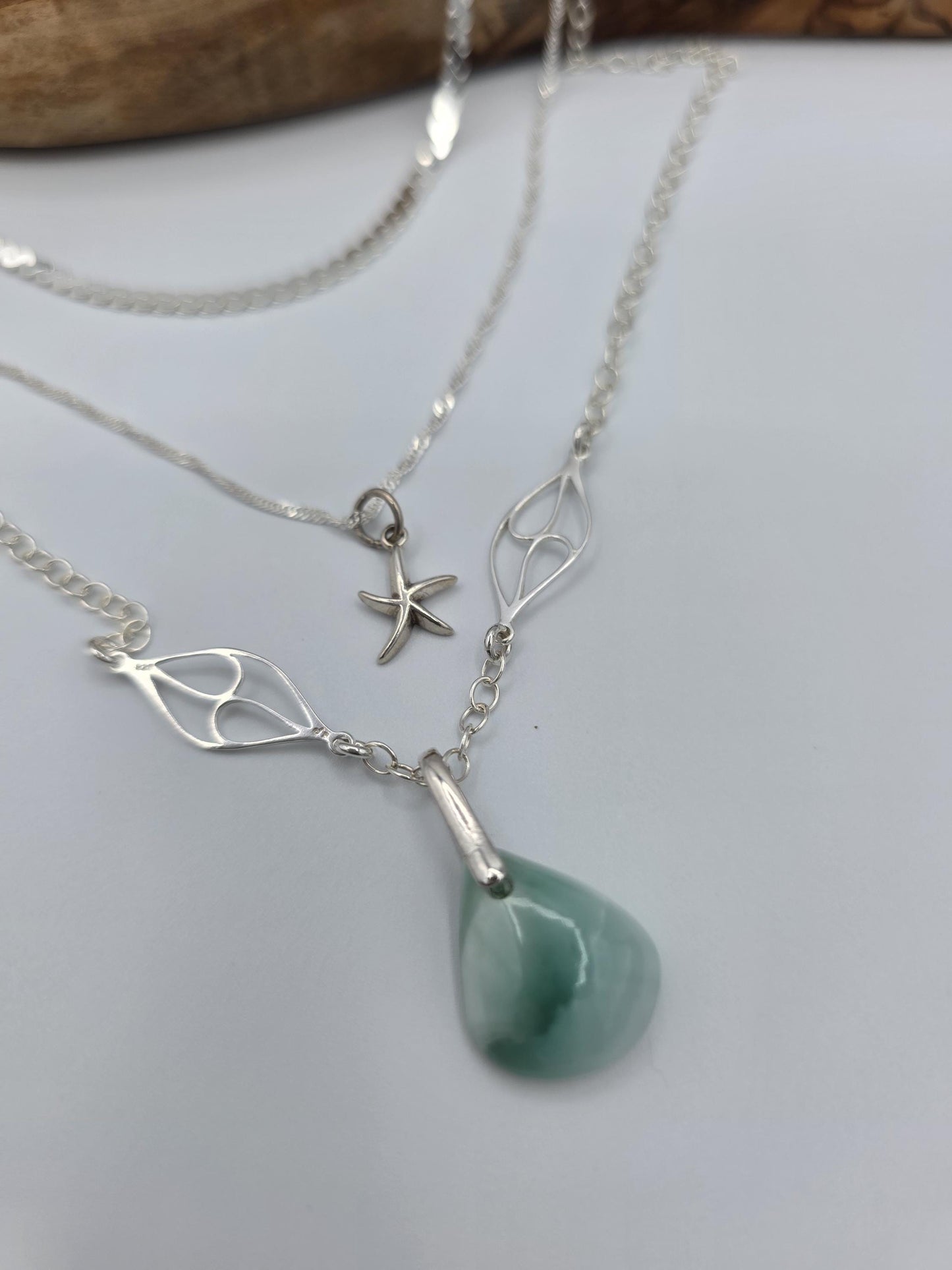 Sterling Silver Hemimorphite Layered Ocean Necklace Set | Serpentine Chain & Protective Gemstone Talisman Pendant