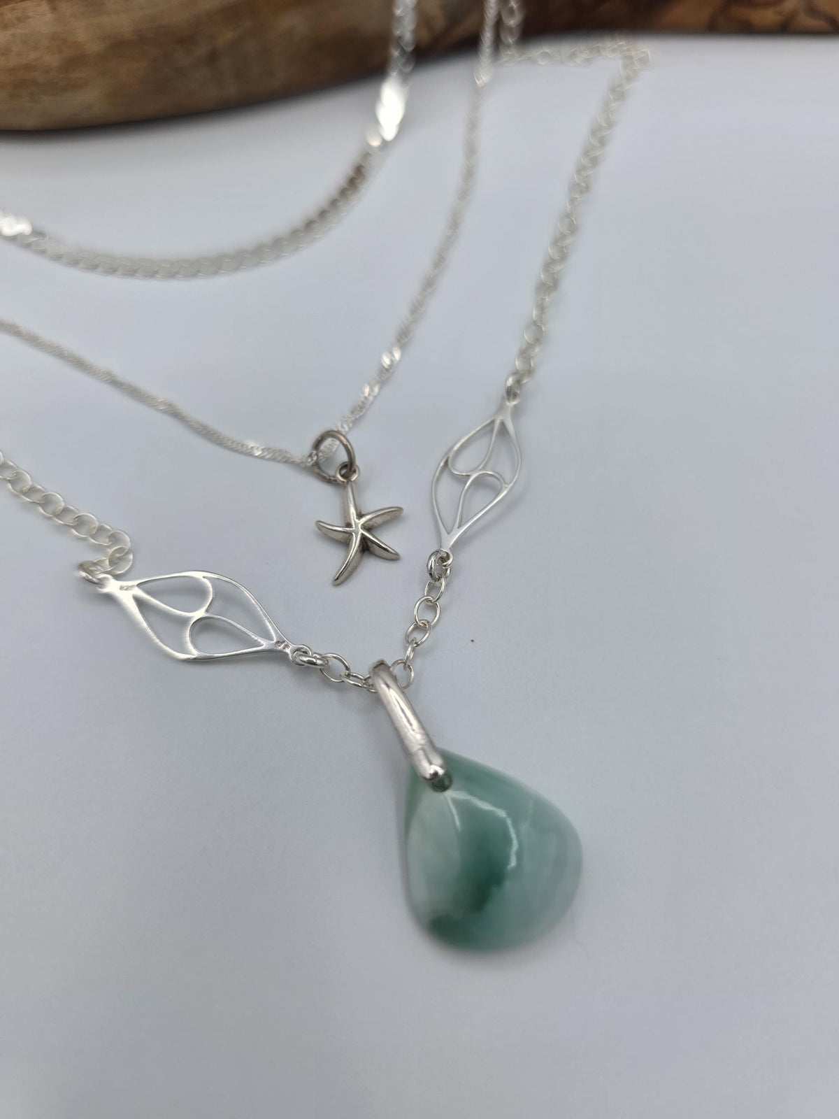 Sterling Silver Hemimorphite Layered Ocean Necklace Set | Serpentine Chain & Protective Gemstone Talisman Pendant
