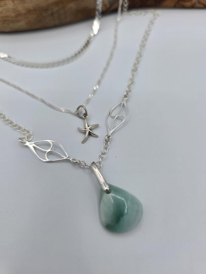Sterling Silver Hemimorphite Layered Ocean Necklace Set | Serpentine Chain & Protective Gemstone Talisman Pendant