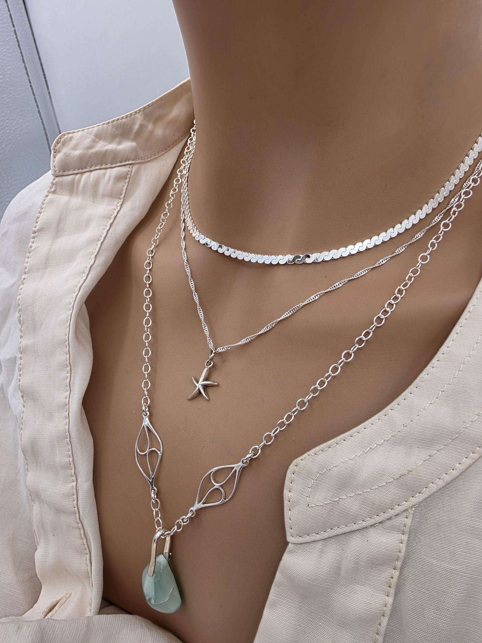 Sterling Silver Hemimorphite Layered Ocean Necklace Set | Serpentine Chain & Protective Gemstone Talisman Pendant