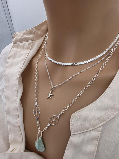 Sterling Silver Hemimorphite Layered Ocean Necklace Set | Serpentine Chain & Protective Gemstone Talisman Pendant