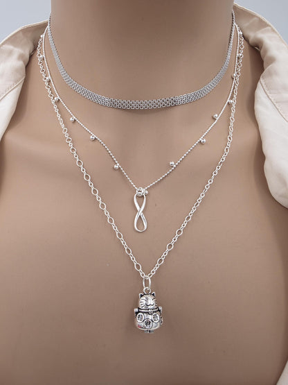 Sterling Silver Layered Necklace – Infinity & Maneki-neko Lucky Cat – 3 Piece Set