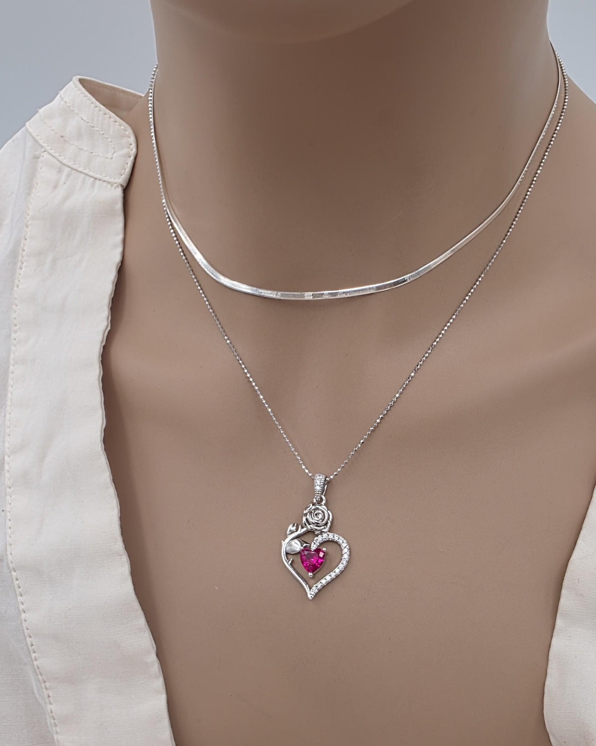 Solid Silver Layered CZ Heart Pendant Necklace Set | Herringbone Chain, Beautiful Gift