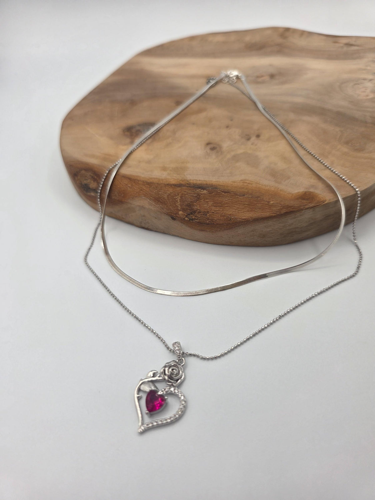 Solid Silver Layered CZ Heart Pendant Necklace Set | Herringbone Chain, Beautiful Gift
