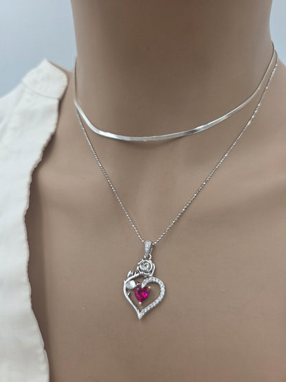 Solid Silver Layered CZ Heart Pendant Necklace Set | Herringbone Chain, Beautiful Gift