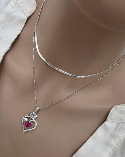 Solid Silver Layered CZ Heart Pendant Necklace Set | Herringbone Chain, Beautiful Gift