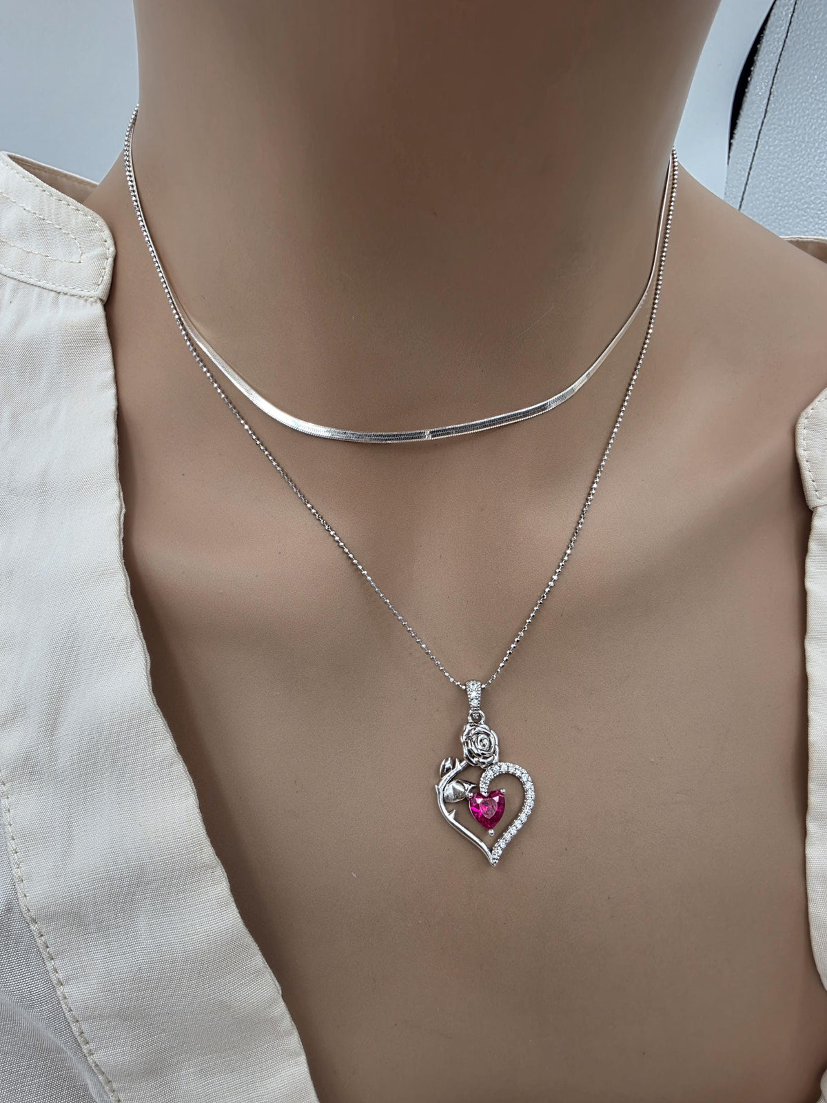 Solid Silver Layered CZ Heart Pendant Necklace Set | Herringbone Chain, Beautiful Gift