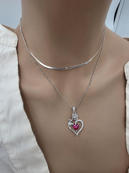 Solid Silver Layered CZ Heart Pendant Necklace Set | Herringbone Chain, Beautiful Gift