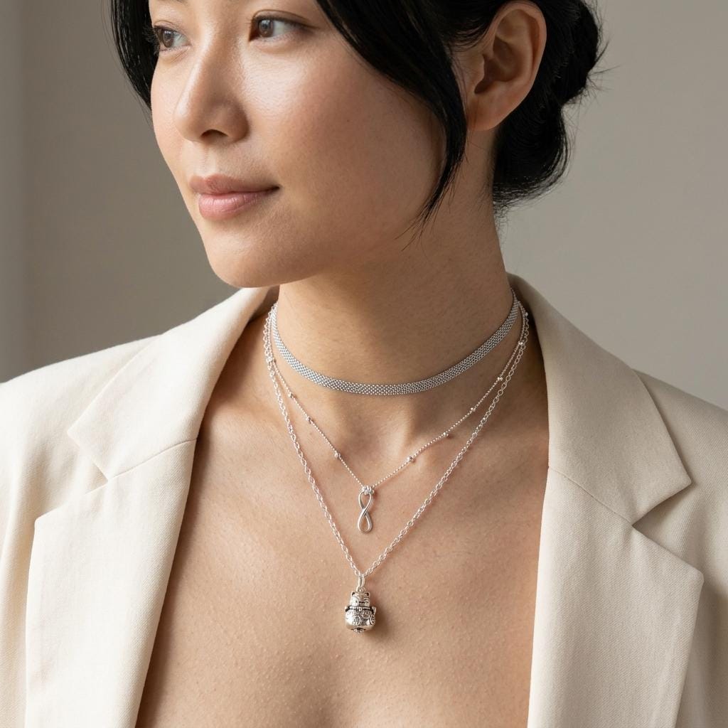 Sterling Silver Layered Necklace – Infinity & Maneki-neko Lucky Cat – 3 Piece Set