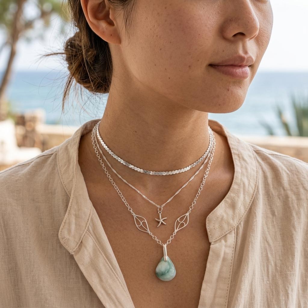 Sterling Silver Hemimorphite Layered Ocean Necklace Set | Serpentine Chain & Protective Gemstone Talisman Pendant