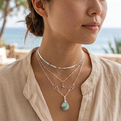 Sterling Silver Hemimorphite Layered Ocean Necklace Set | Serpentine Chain & Protective Gemstone Talisman Pendant