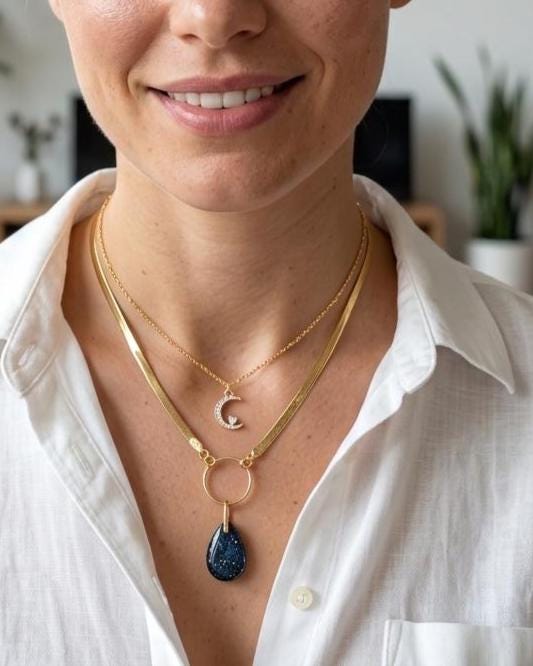 Leland Blue Celestial Starry Night Layered Necklace Set – 14K Gold Vermeil Crescent Moon & Great Lakes Glass