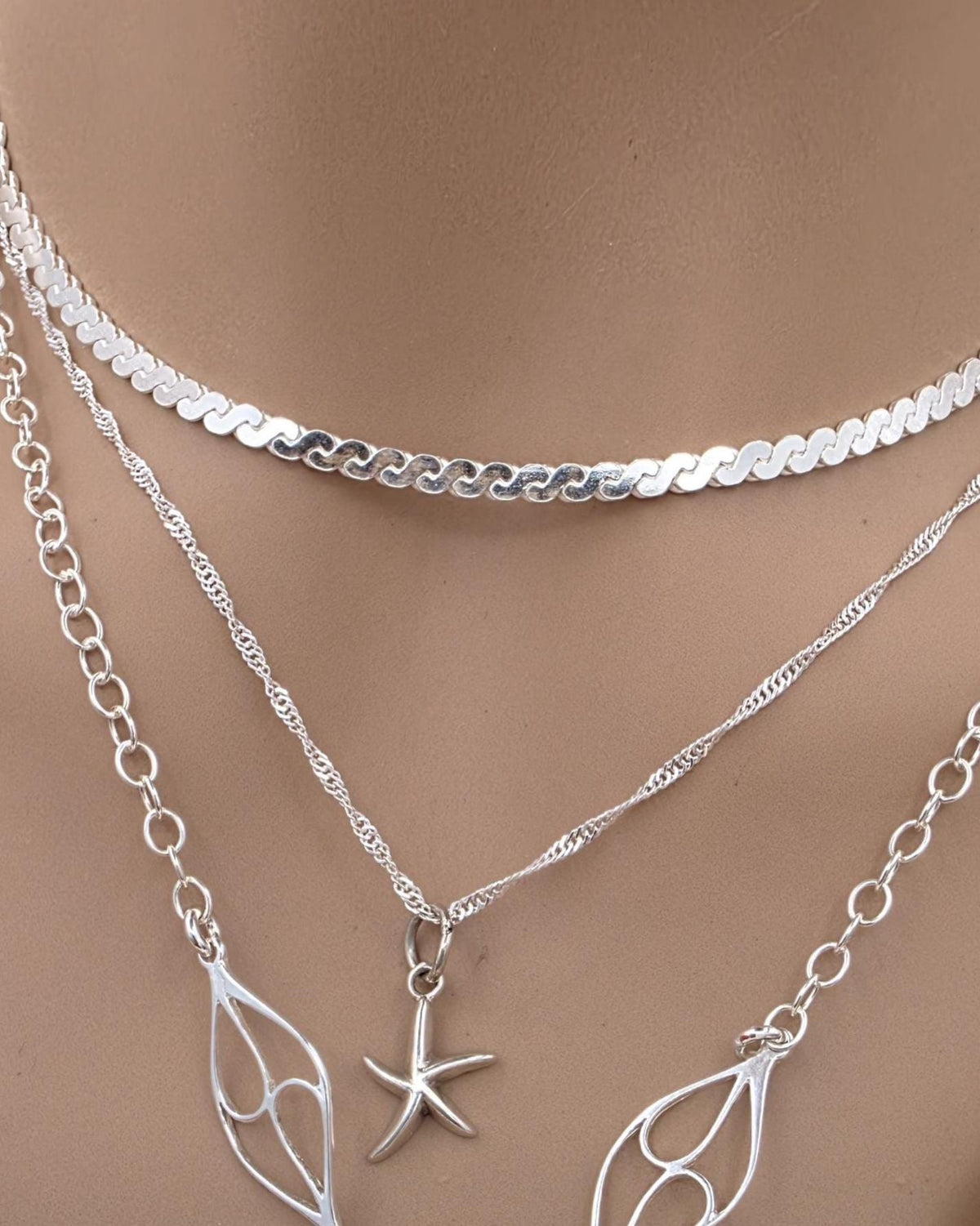Sterling Silver Hemimorphite Layered Ocean Necklace Set | Serpentine Chain & Protective Gemstone Talisman Pendant