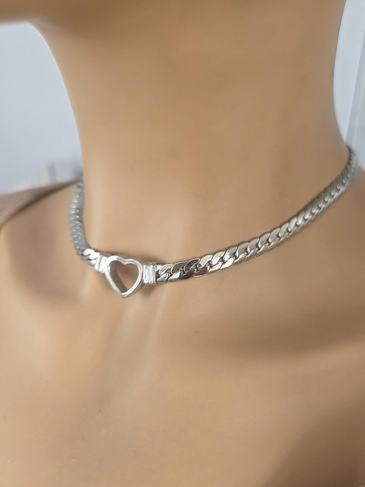 Steel Day Collar Heart Choker Thick Chain - Permanent Locking Clasp Options | Couples jewelry