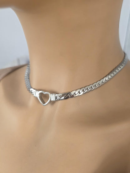 Steel Day Collar Heart Choker Thick Chain - Permanent Locking Clasp Options | Couples jewelry