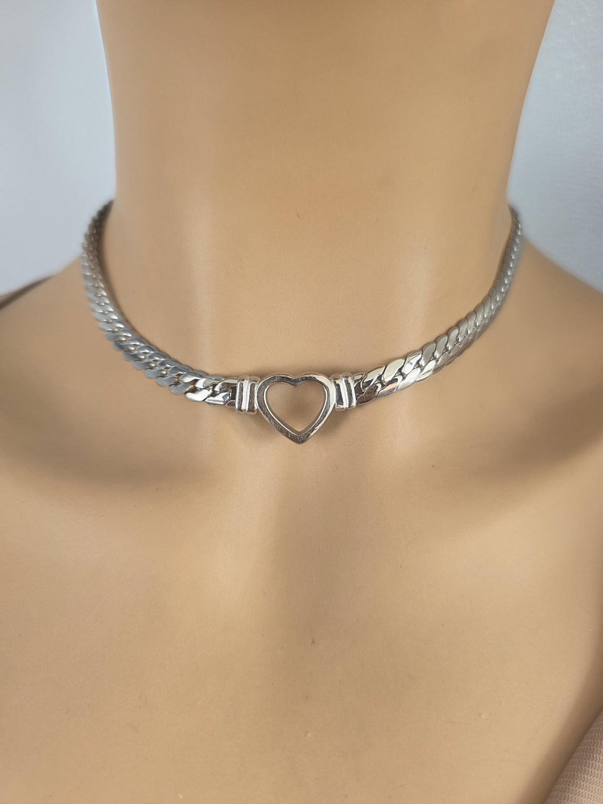 Steel Day Collar Heart Choker Thick Chain - Permanent Locking Clasp Options | Couples jewelry