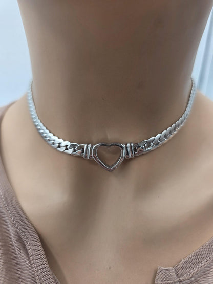 Steel Day Collar Heart Choker Thick Chain - Permanent Locking Clasp Options | Couples jewelry