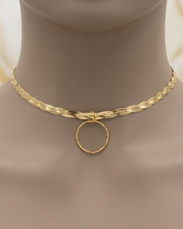 10K Gold Vermeil Day Collar Necklace, Braided Gold Choker with O Ring, Adjustable Collar, Sterling Silver Vermeil Necklace