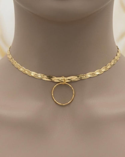 10K Gold Vermeil Day Collar Necklace, Braided Gold Choker with O Ring, Adjustable Collar, Sterling Silver Vermeil Necklace