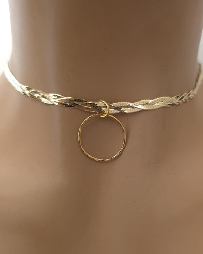 10K Gold Vermeil Day Collar Necklace, Braided Gold Choker with O Ring, Adjustable Collar, Sterling Silver Vermeil Necklace
