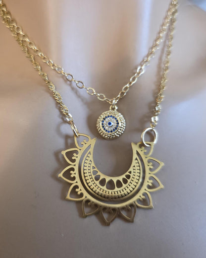 Gold Mandala Evil Eye Layered Protection Necklace Set - Chain Zen Stack Jewelry