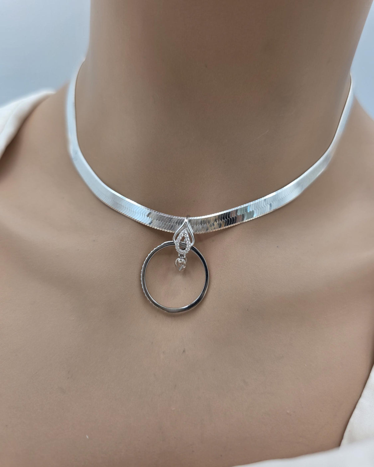 925 Sterling Silver Eternity Pendant Collar Neckace, 5.5mm Herringbone Chain, Romantic Devotion Jewelry