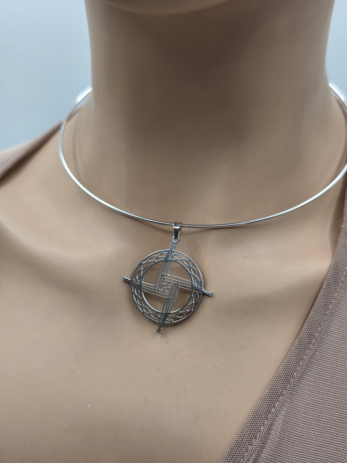 Steel Celtic Brigids Cross Imbolc Pendant Necklace on 2mm Formed Choker - Pagan Wiccan Celebration