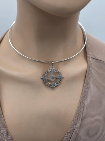 Steel Celtic Brigids Cross Imbolc Pendant Necklace on 2mm Formed Choker - Pagan Wiccan Celebration