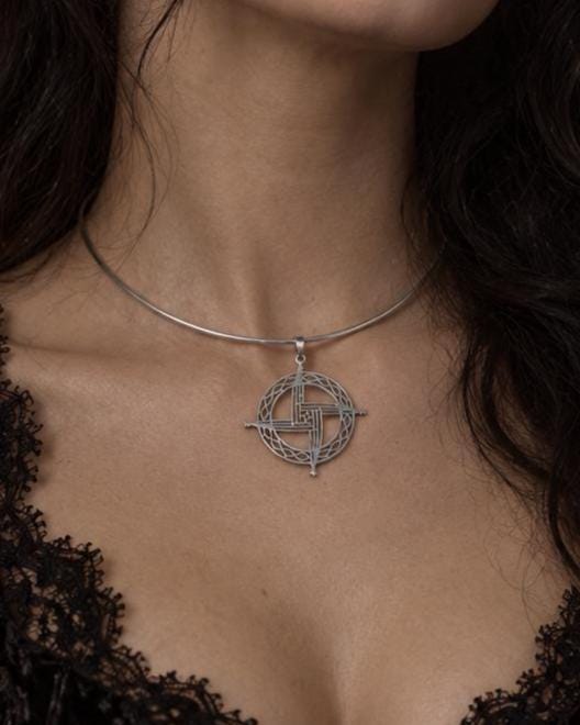 Steel Celtic Brigids Cross Imbolc Pendant Necklace on 2mm Formed Choker - Pagan Wiccan Celebration