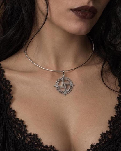 Steel Celtic Brigids Cross Imbolc Pendant Necklace on 2mm Formed Choker - Pagan Wiccan Celebration