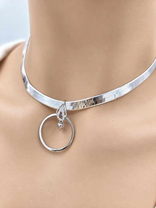 925 Sterling Silver Eternity Pendant Collar Neckace, 5.5mm Herringbone Chain, Romantic Devotion Jewelry