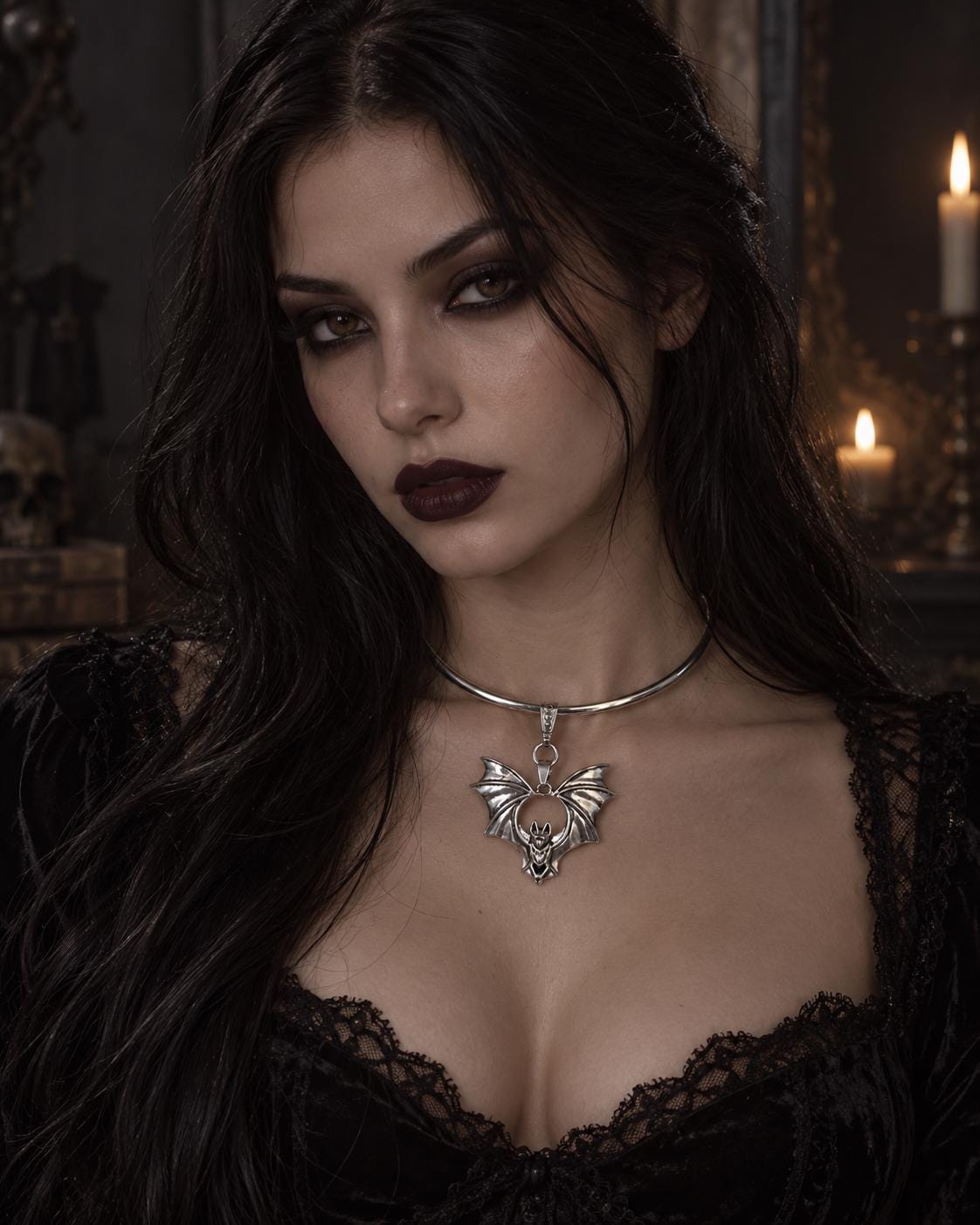 Steel Bat on Rigid Collar Pendant Gothic Choker Necklace - Punk Dark Halloween Jewelry