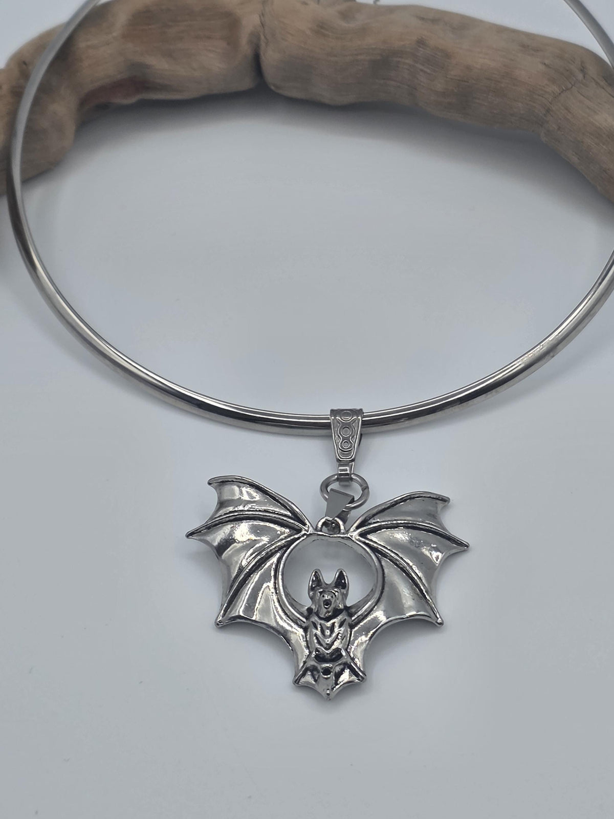 Steel Bat on Rigid Collar Pendant Gothic Choker Necklace - Punk Dark Halloween Jewelry
