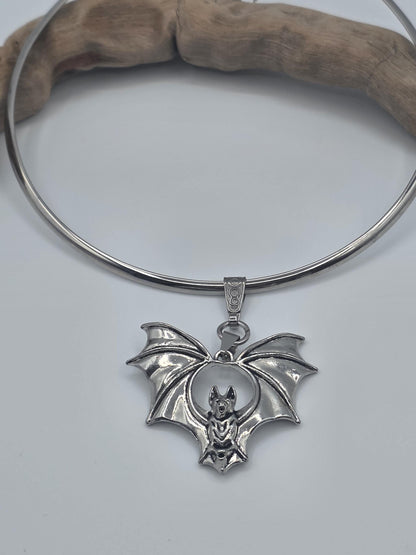 Steel Bat on Rigid Collar Pendant Gothic Choker Necklace - Punk Dark Halloween Jewelry
