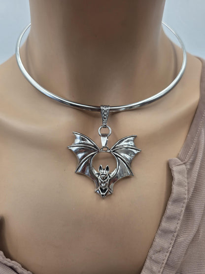 Steel Bat on Rigid Collar Pendant Gothic Choker Necklace - Punk Dark Halloween Jewelry