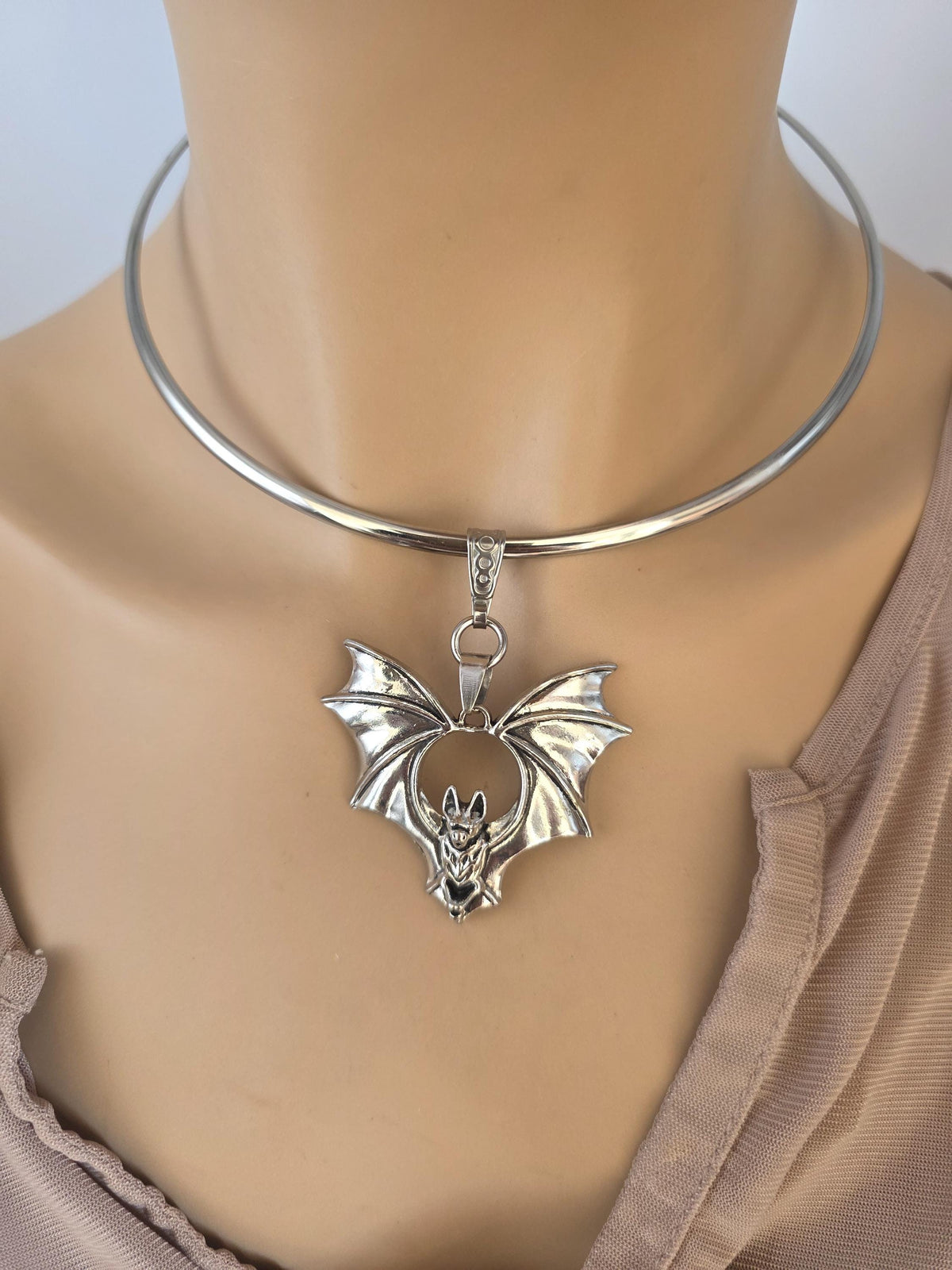 Steel Bat on Rigid Collar Pendant Gothic Choker Necklace - Punk Dark Halloween Jewelry
