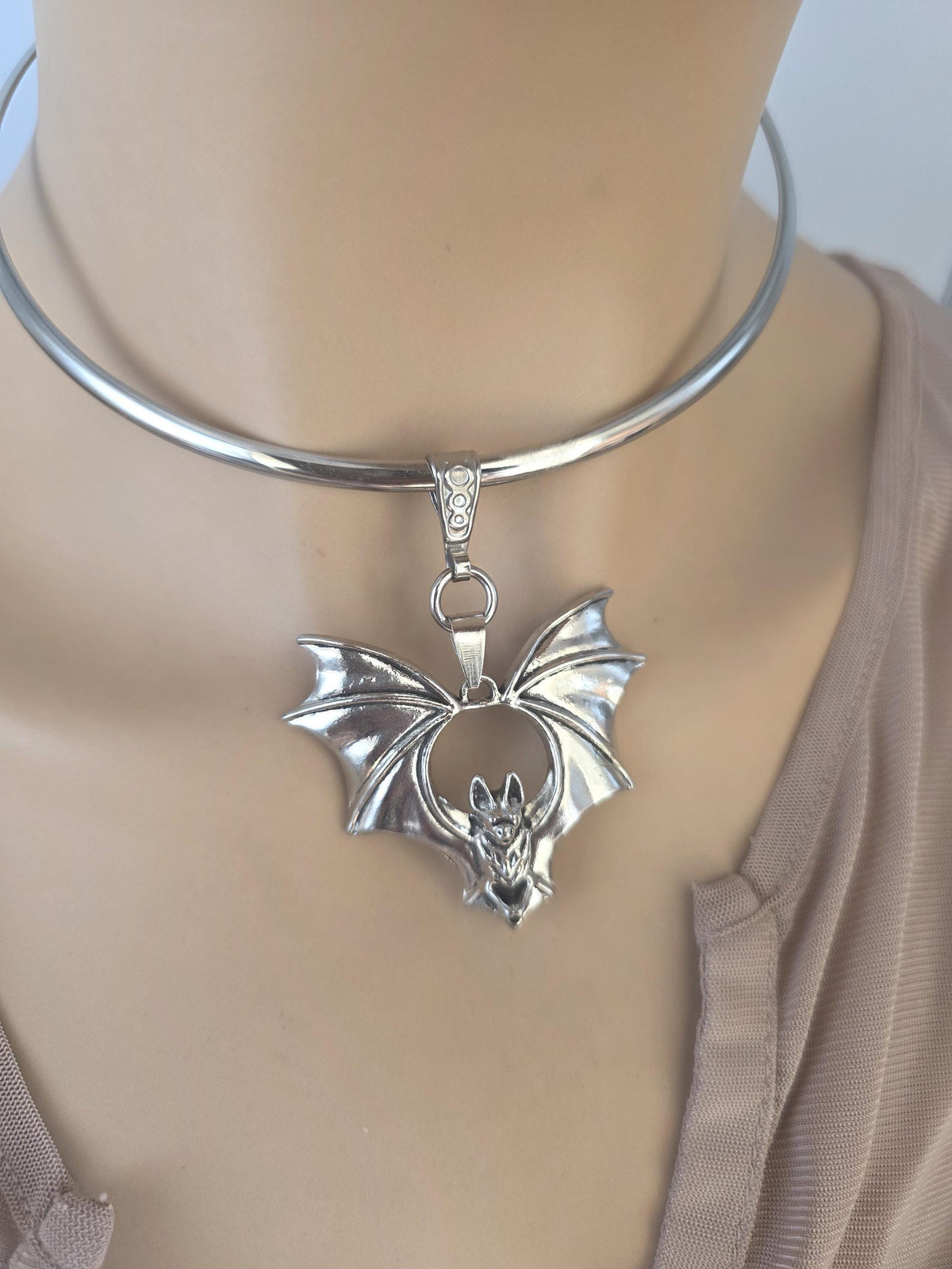Steel Bat on Rigid Collar Pendant Gothic Choker Necklace - Punk Dark Halloween Jewelry