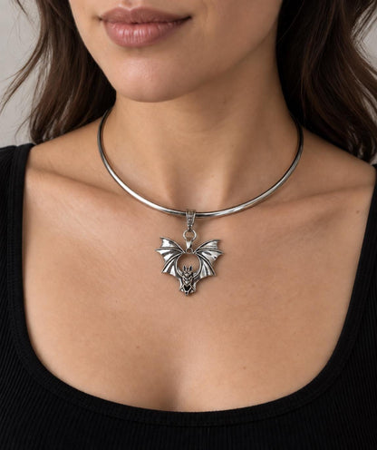 Steel Bat on Rigid Collar Pendant Gothic Choker Necklace - Punk Dark Halloween Jewelry