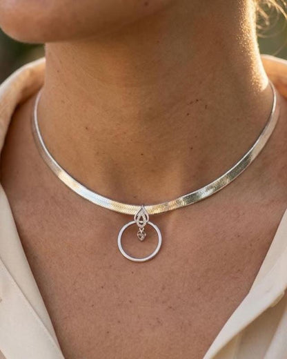 925 Sterling Silver Eternity Pendant Collar Neckace, 5.5mm Herringbone Chain, Romantic Devotion Jewelry