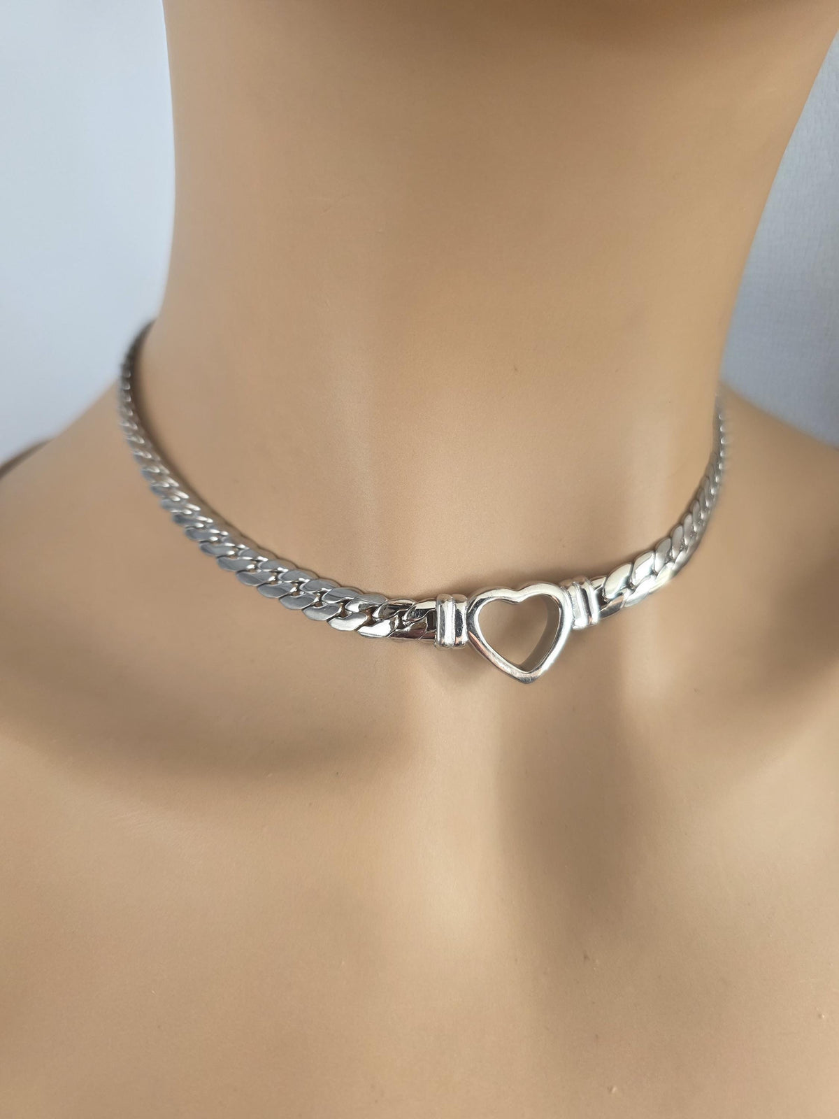 Steel Day Collar Heart Choker Thick Chain - Permanent Locking Clasp Options | Couples jewelry