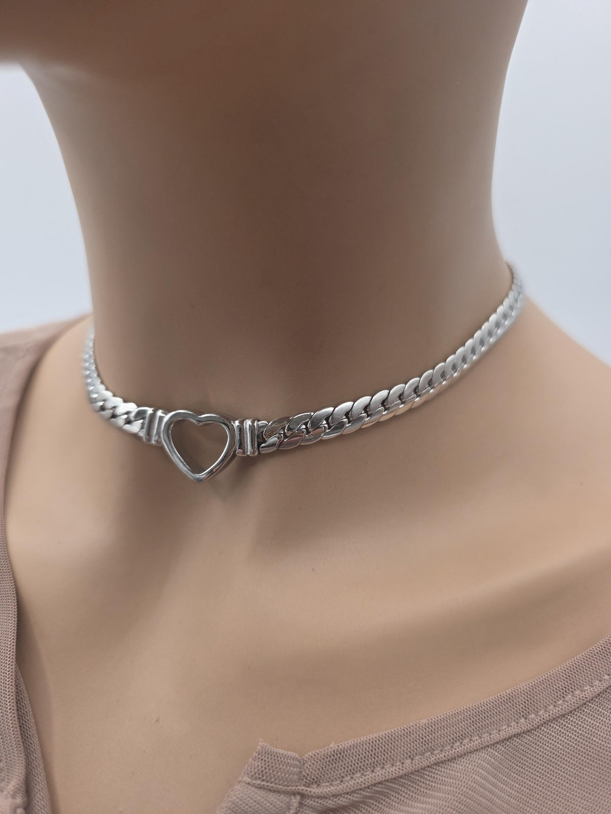 Steel Day Collar Heart Choker Thick Chain - Permanent Locking Clasp Options | Couples jewelry