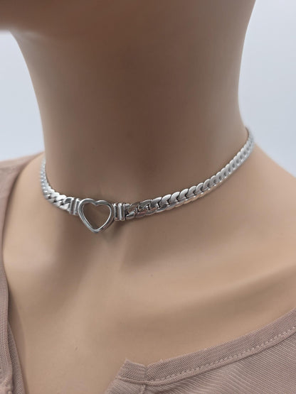 Steel Day Collar Heart Choker Thick Chain - Permanent Locking Clasp Options | Couples jewelry