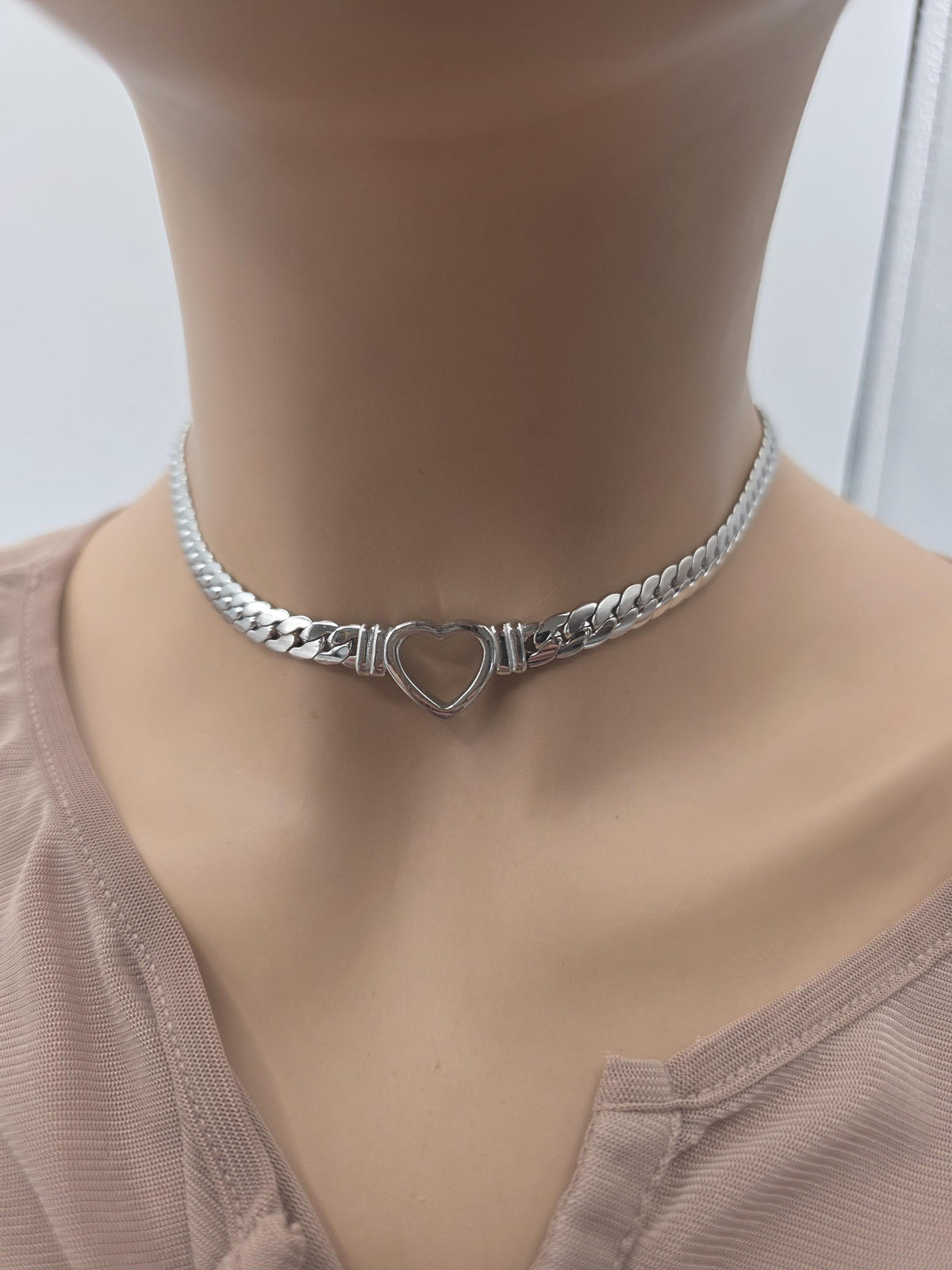 Steel Day Collar Heart Choker Thick Chain - Permanent Locking Clasp Options | Couples jewelry