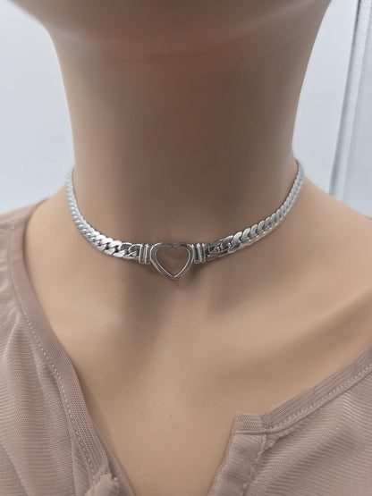 Steel Day Collar Heart Choker Thick Chain - Permanent Locking Clasp Options | Couples jewelry