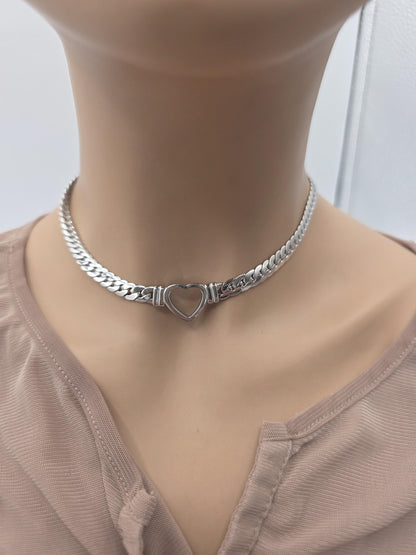 Steel Day Collar Heart Choker Thick Chain - Permanent Locking Clasp Options | Couples jewelry