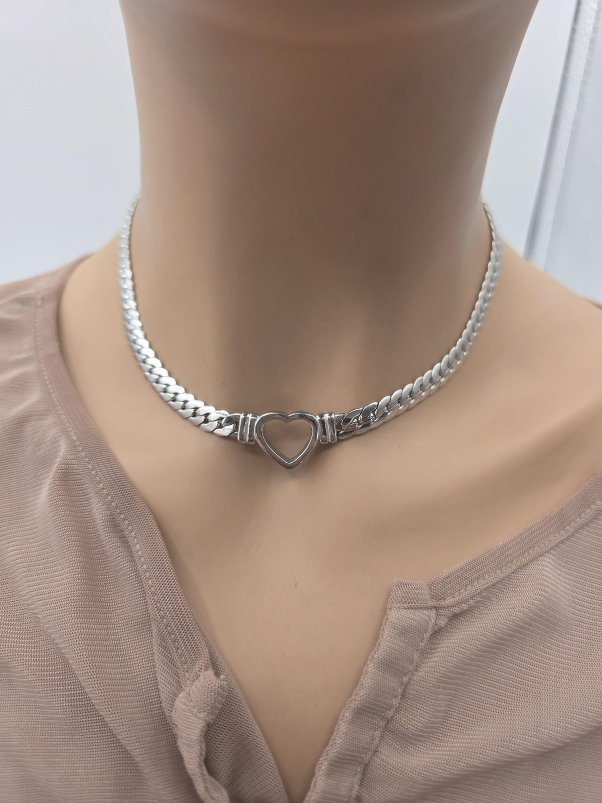 Steel Day Collar Heart Choker Thick Chain - Permanent Locking Clasp Options | Couples jewelry