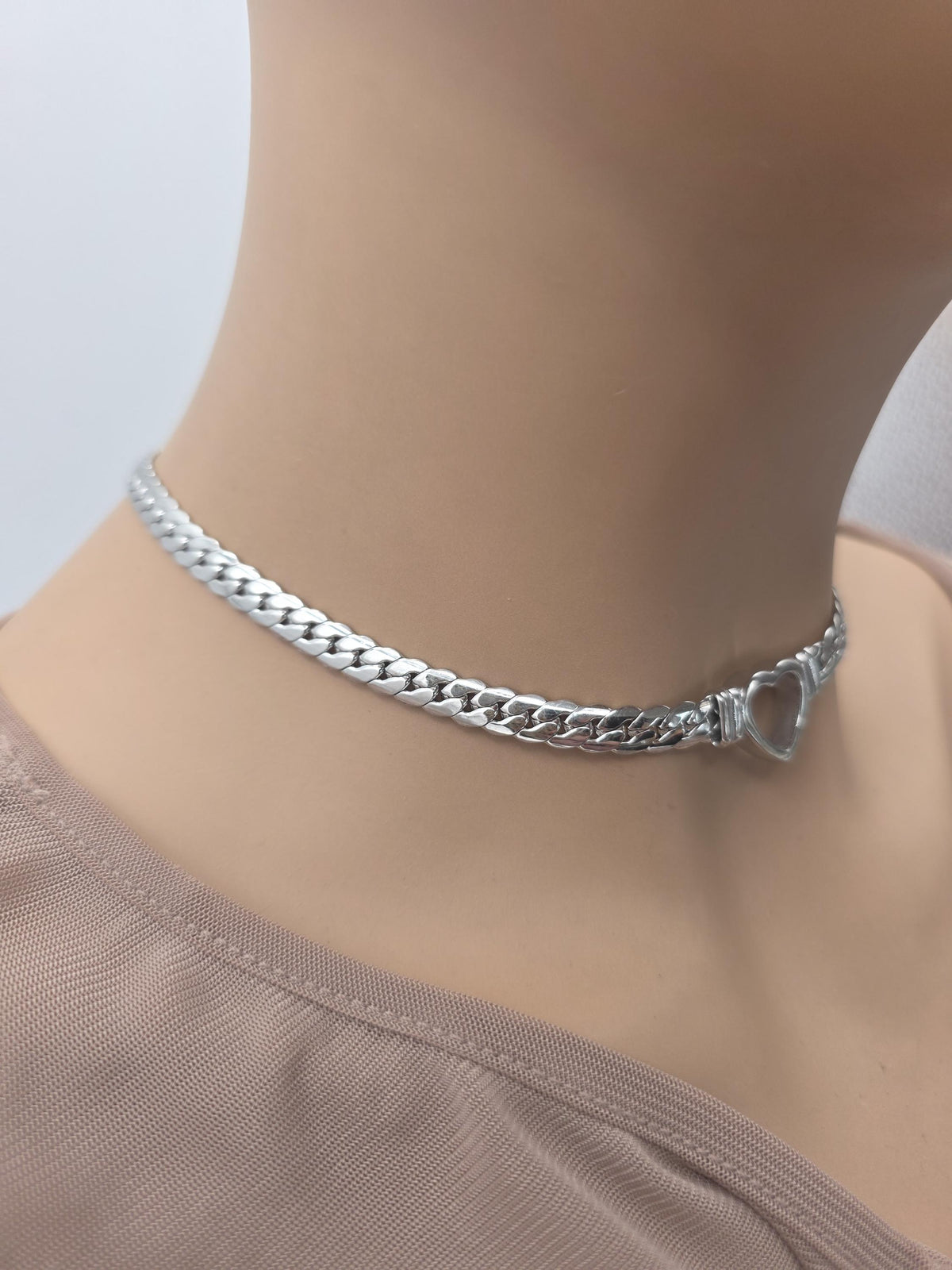 Steel Day Collar Heart Choker Thick Chain - Permanent Locking Clasp Options | Couples jewelry